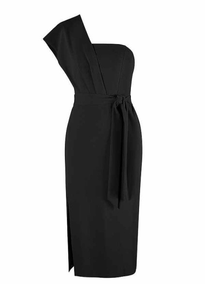 AZ Occasions Draped One Shoulder Midi Dress with Waist Tie AZ Occasions Draped One Shoulder Midi Dress with Waist Tie